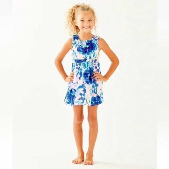 Lilly Pulitzer GIRLS GEORGINA DRESS Pink Tropics Tint Sweet Pea Blue 14 - Picture 1 of 6
